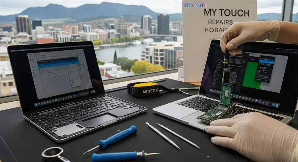 A MacBook is being expertly repaired with precision at My Touch Repairs Hobart