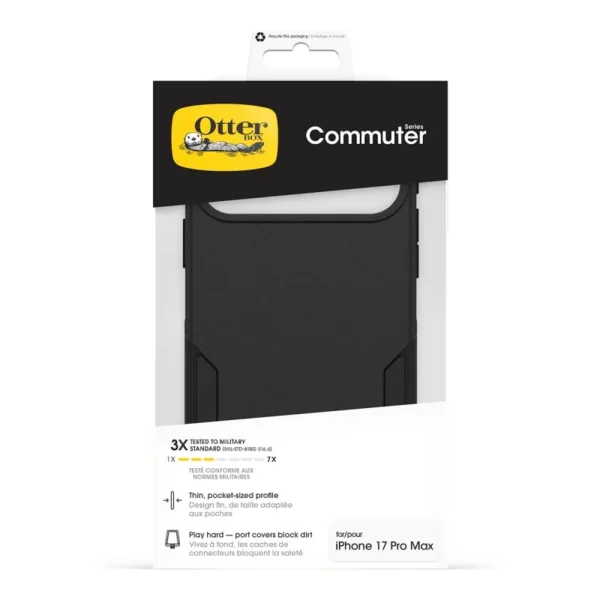 iPhone 17 Pro Max OtterBox Commuter Case in Black with slim design, Camera Control button and impact protection