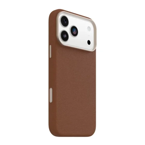 iPhone 17 Pro Max OtterBox Symmetry MagSafe Cactus Leather Case in Desert Saddle Brown with Camera Control button, impact protection and eco-friendly design