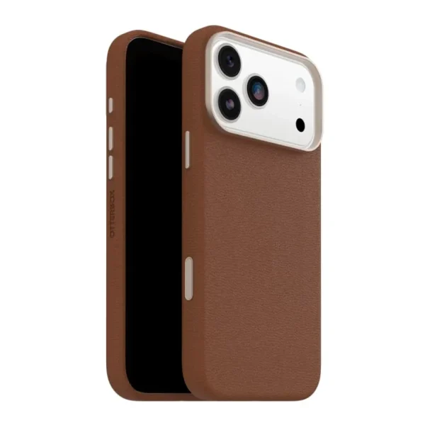 iPhone 17 Pro Max OtterBox Symmetry MagSafe Cactus Leather Case in Desert Saddle Brown with Camera Control button, impact protection and eco-friendly design