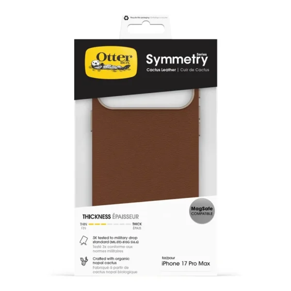 iPhone 17 Pro Max OtterBox Symmetry MagSafe Cactus Leather Case in Desert Saddle Brown with Camera Control button, impact protection and eco-friendly design