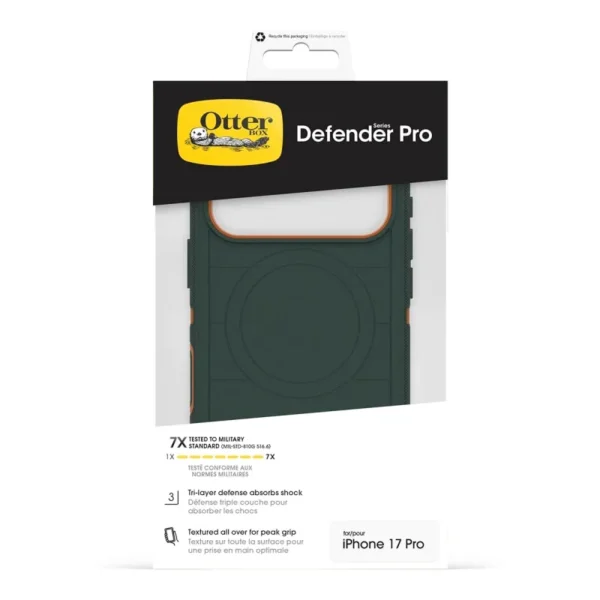 iPhone 17 Pro OtterBox Defender Pro Case in Cprsmth Green with MagSafe compatibility, Camera Control button and military-grade protection