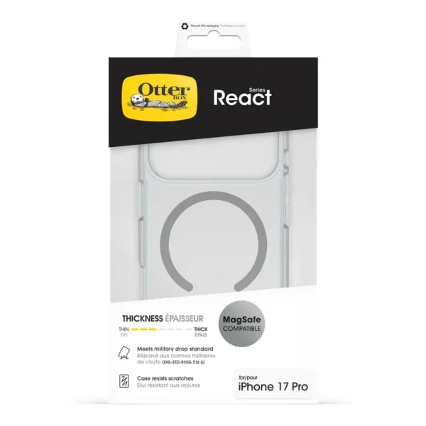 iPhone 17 Pro OtterBox React MagSafe Case in Clear with slim pocket-friendly design and impact protection