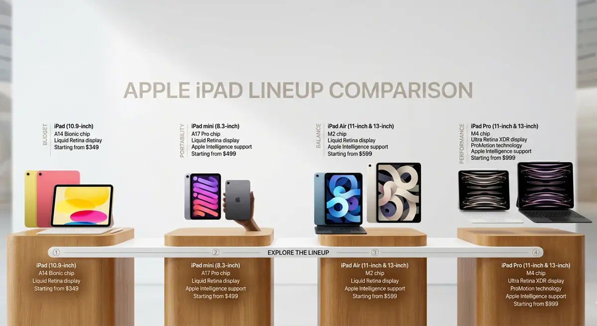 Best iPad to buy in 2026 comparison showing iPad, iPad mini, iPad Air, and iPad Pro