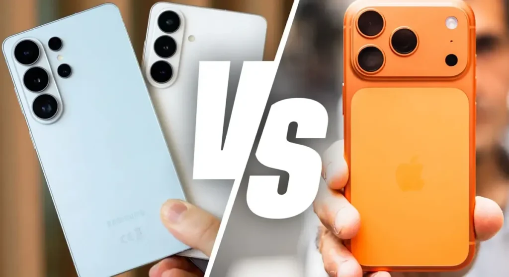 Samsung S26 Ultra vs iPhone 17 Pro Max flagship smartphone comparison showing camera modules and premium design differences