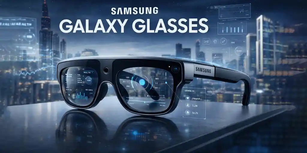 Samsung Galaxy Glasses 2026 with AI AR display and futuristic smart glasses interface